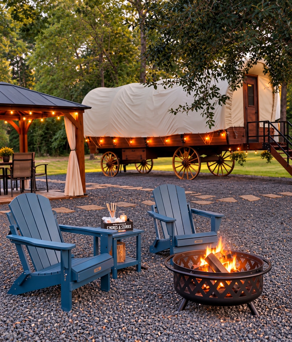Fireside seating beside a covered wagon at Blue Pond Retreat