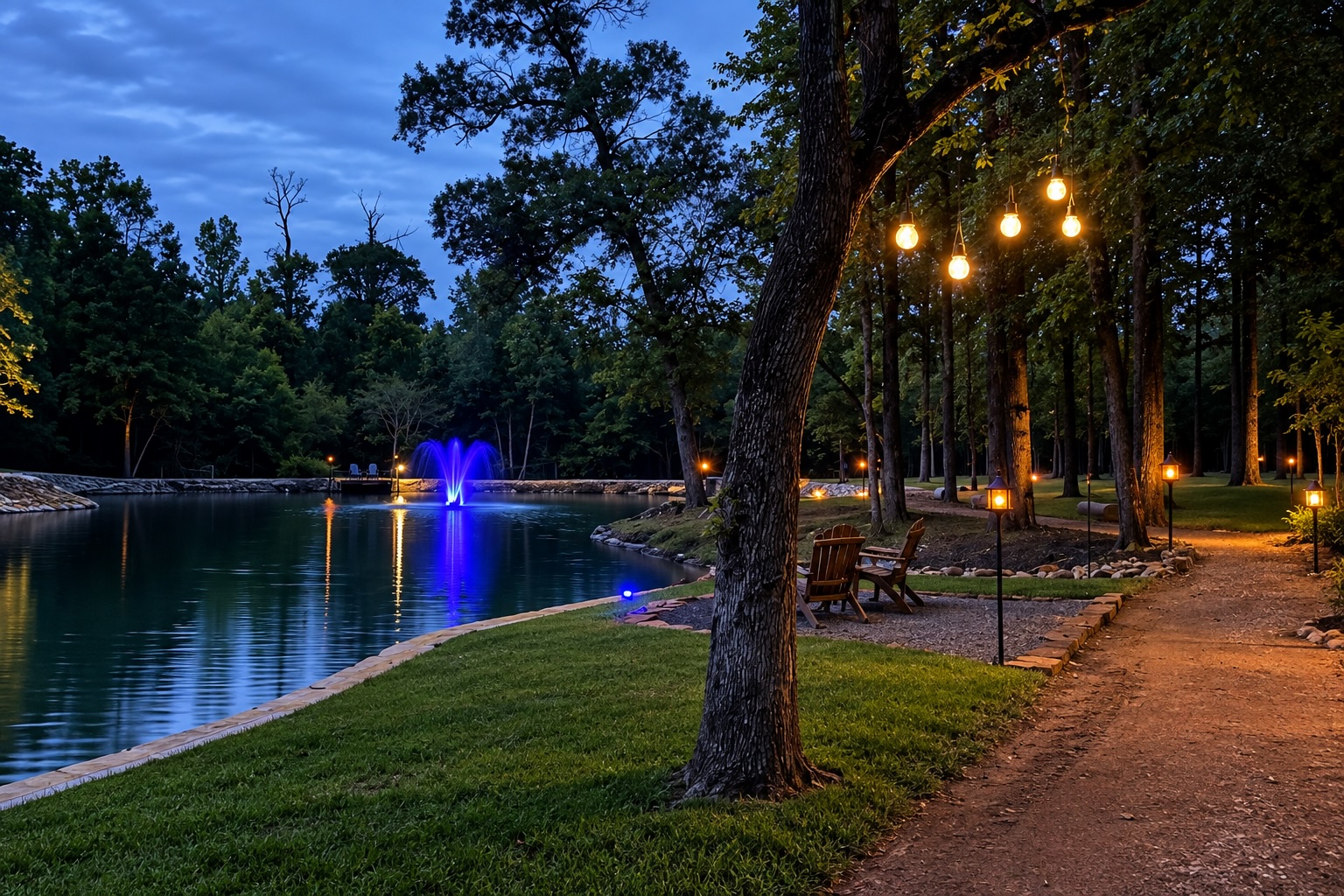 Twilight lights along the pond and Discovery Trails at Blue Pond Retreat