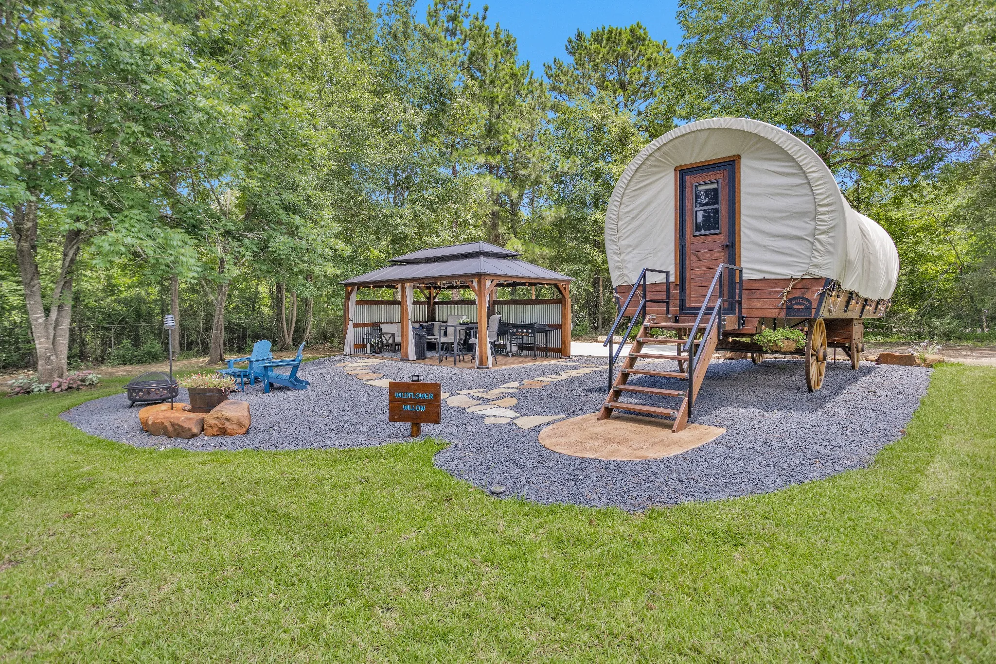 Wildflower Willow covered wagon at Blue Pond Retreat